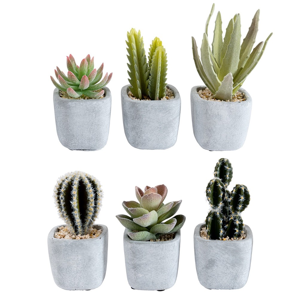 6 Different Artificial Cactus Plants Each in a Stone Ceramic Pot Child Safe
