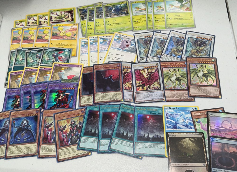 Huge Mixed Lot of 50+ Pokemon, Yu-Gi-Oh, MTG Cards & Holos  