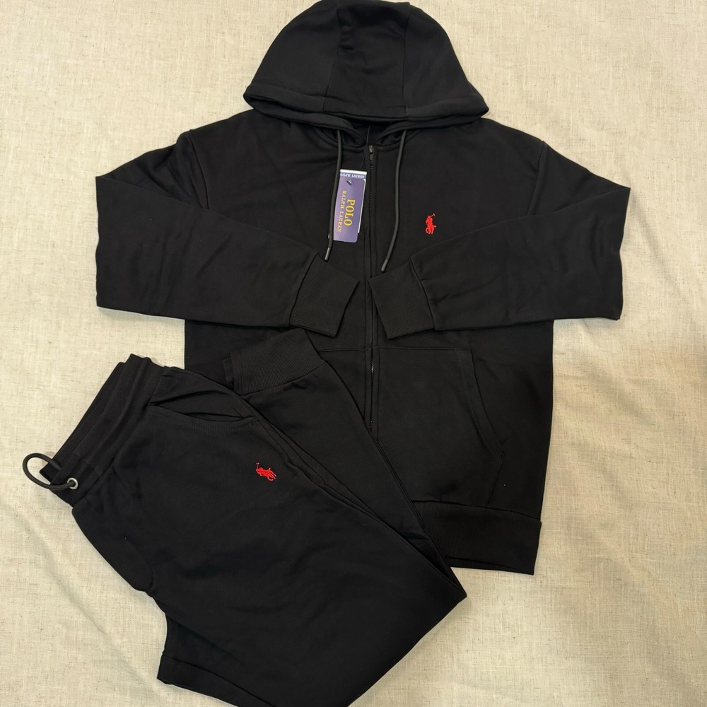 Ralph Lauren Fleece Full-Zip Black Cotton Bland Hoodie and Jogger Pant Set NWT