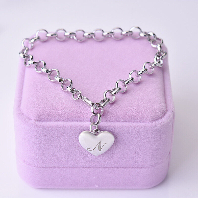 925 Sterling Silver A-Z Letter Charm Heart Bracelet for Women