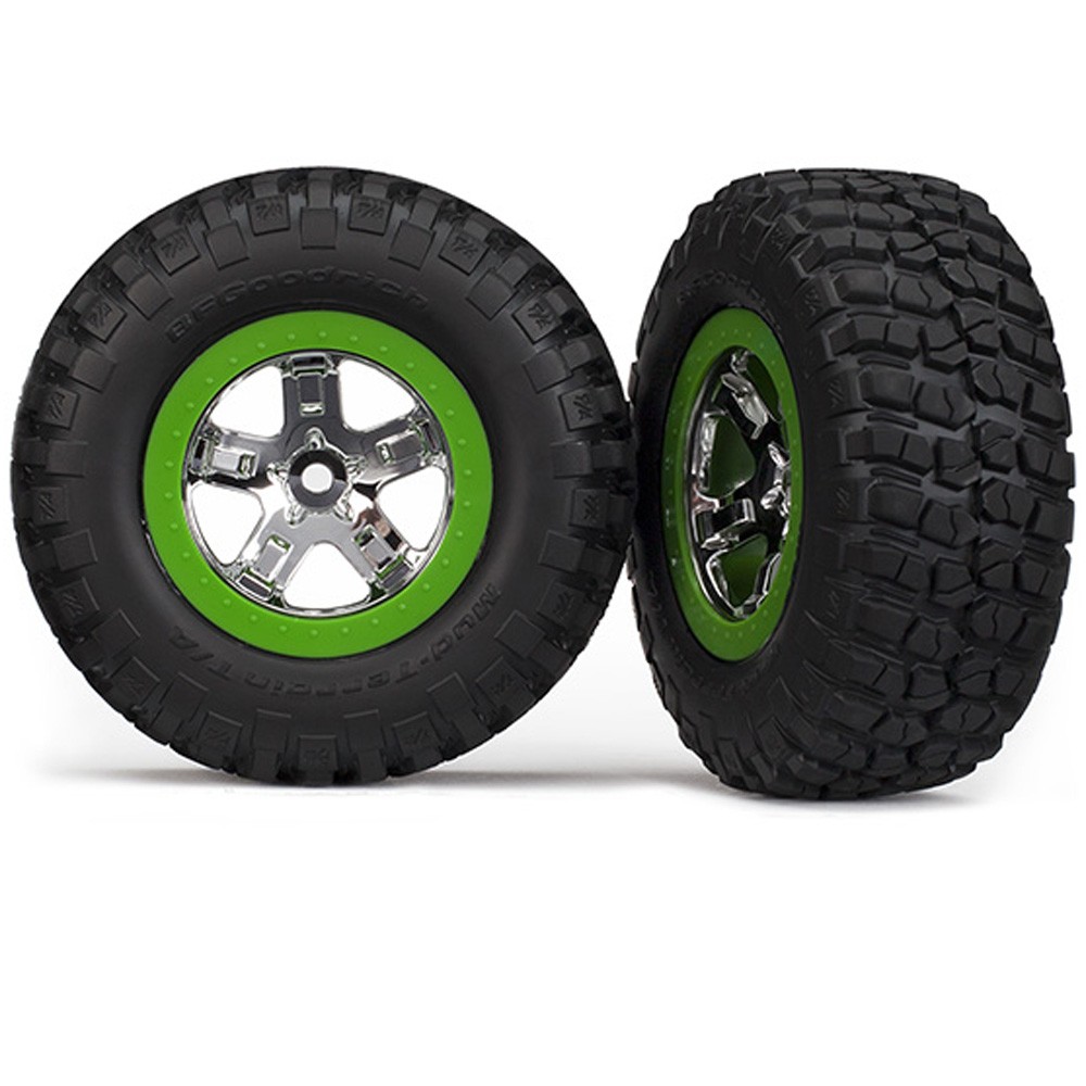 Traxxas 6876 BFGoodrich Mud-Terrain Tires with Chrome SCT Wheels and Green Beadlock