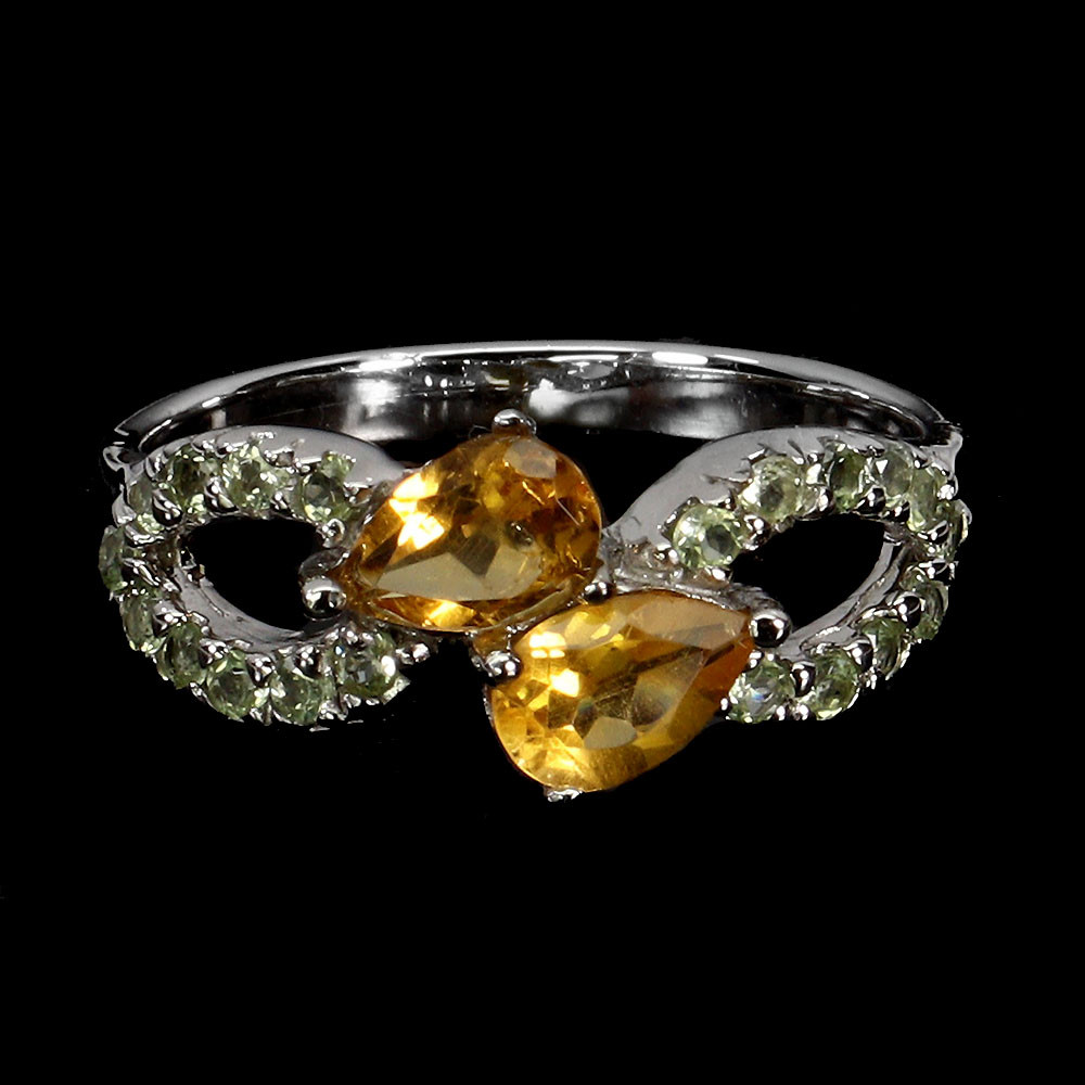 925 Silver Pear Citrine & Peridot Gemstone Ring Size 7