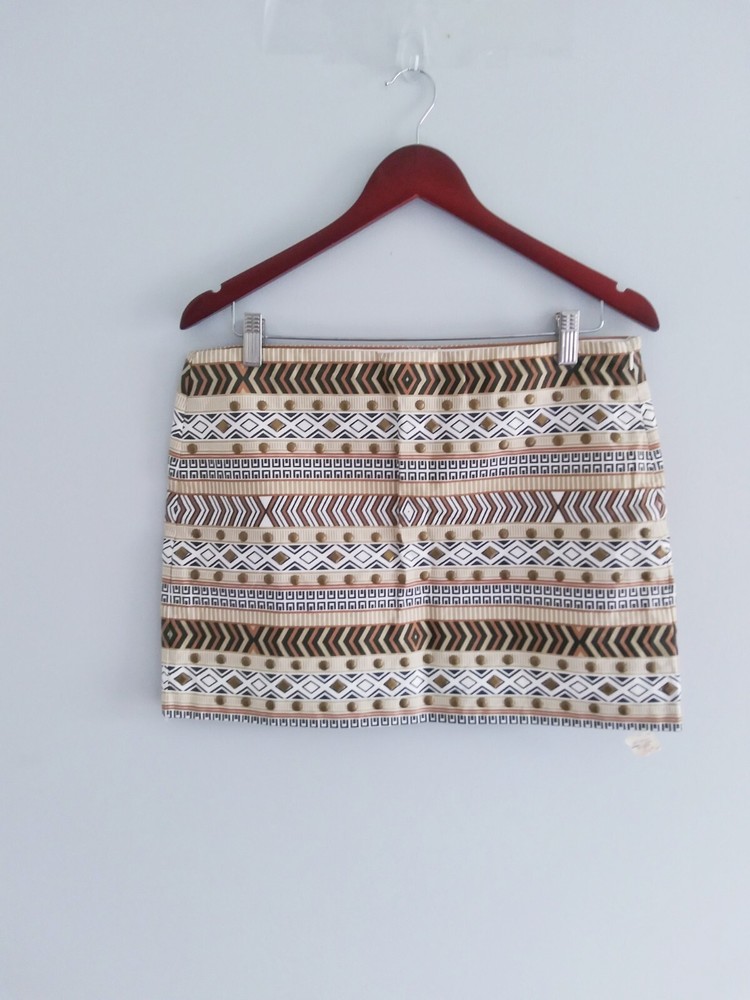 Boutique Tribal Aztec Mini Skirt with Rivets in Black Tan Ivory Cotton for Women