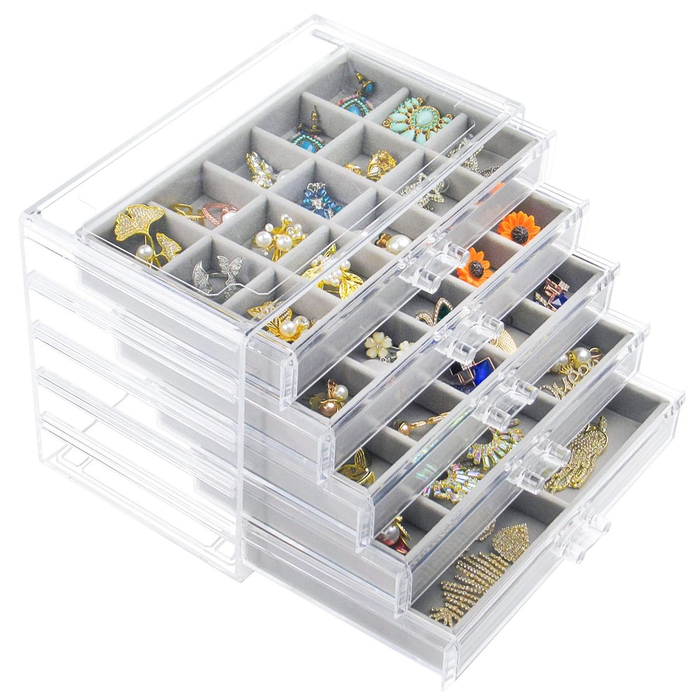 Acrylic Jewelry Box with 5 Drawers Clear Earring Storage Organizer Display Ca...