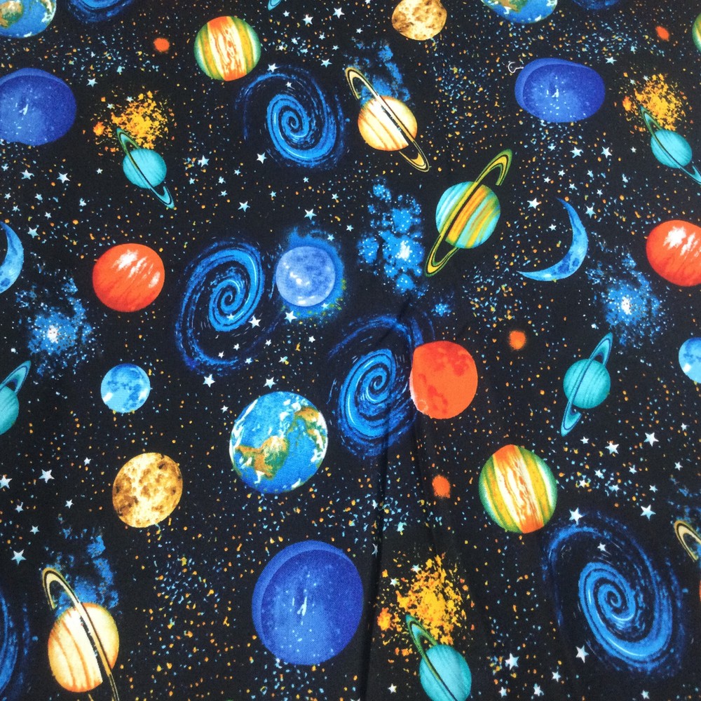Cotton Fabric Remnant Blue Orange Black Universe Planets Kids Room