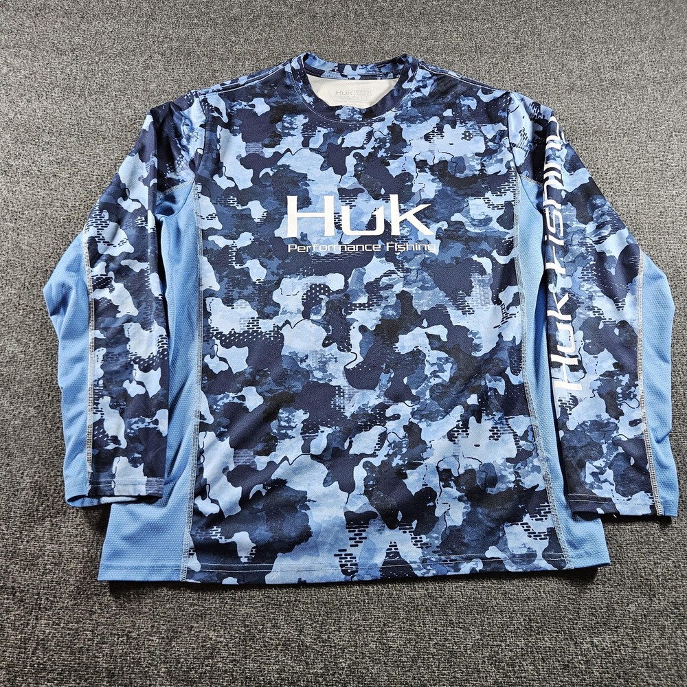 Huk Shirt Mens Large Blue Camo Long Sleeve Performance Fishing UV Protection