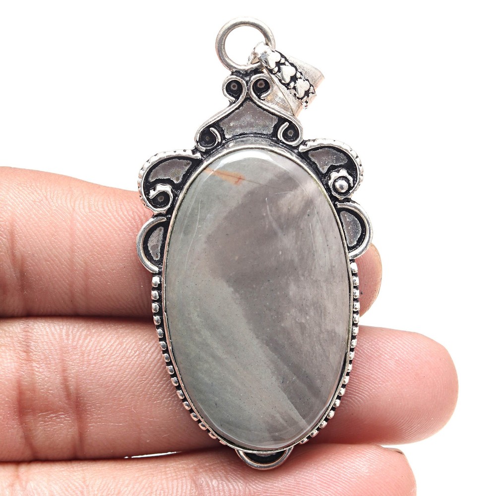 Polygram Jasper Gemstone Pendant Silver Jewelry Valentine's Day Gift 2.75 Inch