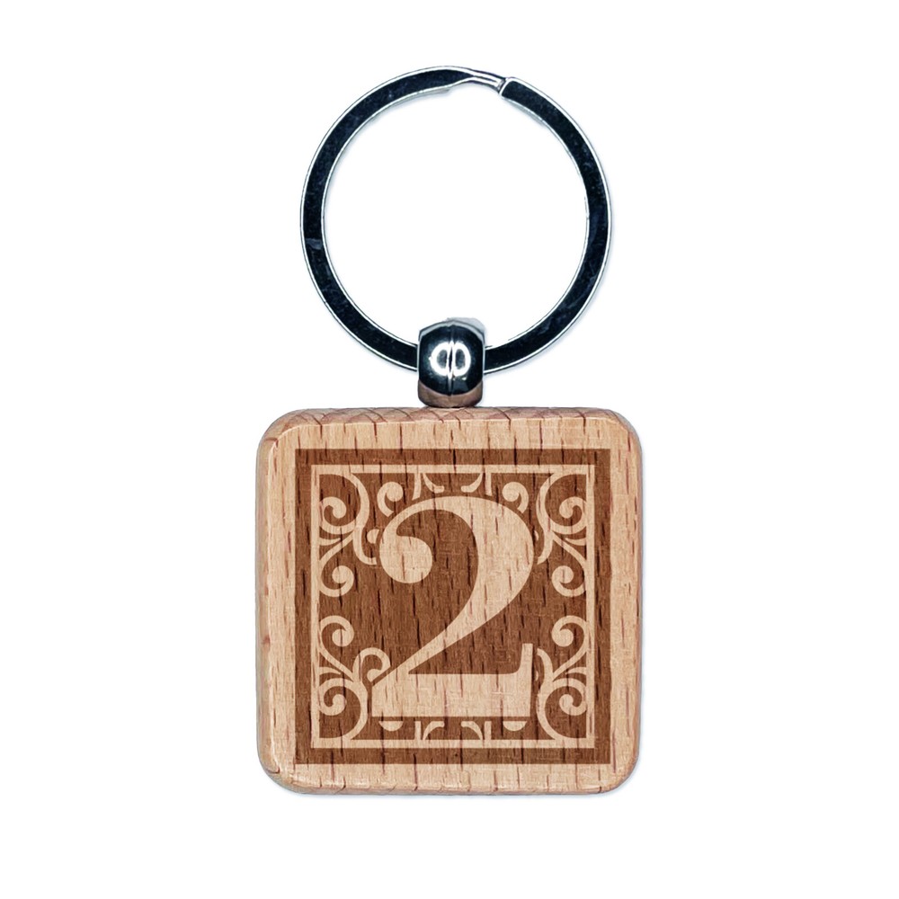 Monogram Swirls Number 2 Two Engraved Wood Square Keychain Tag Charm
