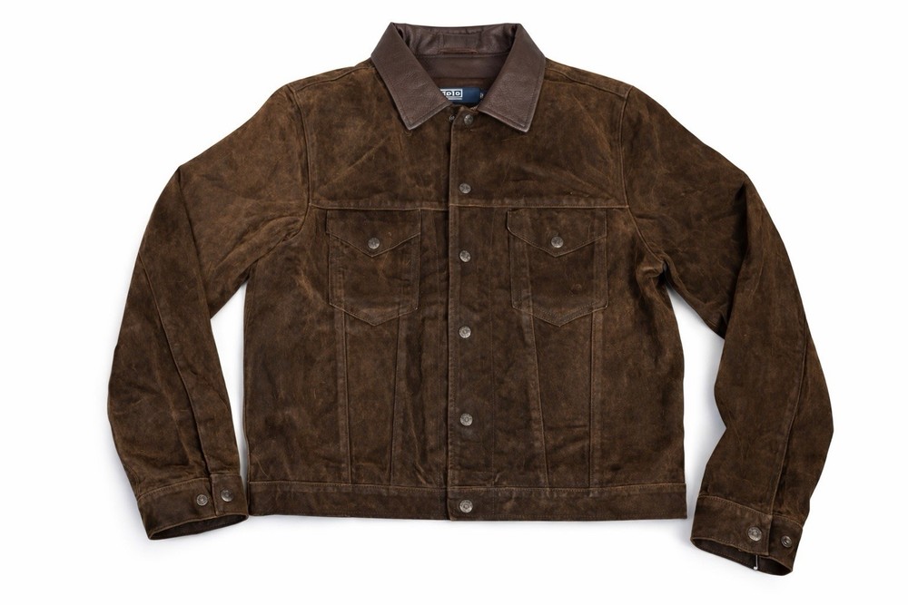 Polo Ralph Lauren Tobacco Oiled Suede Leather Trucker Jacket Mens Size Med READ
