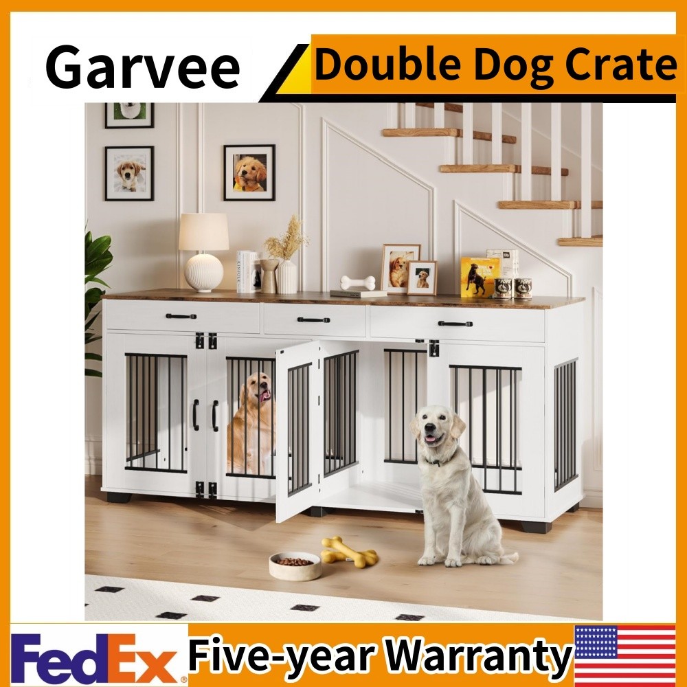 Double Dog Crate Furniture with Storage Drawers Heavy Duty 71 Inch Decorative Pet House-image