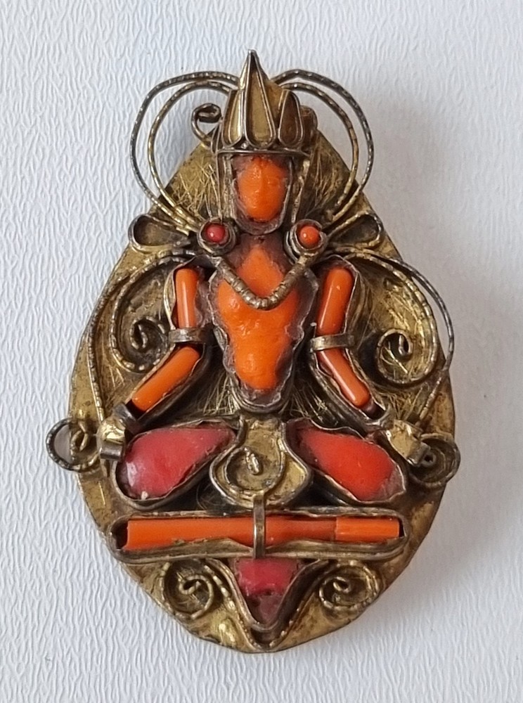 Beautiful Vintage Brass Brooch - Coral Buddha Representation - Nepal Circa 1900