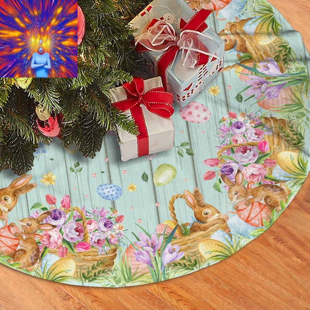 Easter Bunny Eggs Christmas Tree Skirt Rabbit Flowers Funny Tree Mat for Farmhou