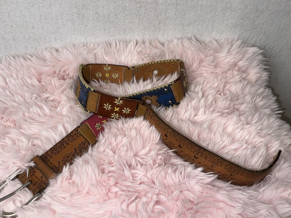 Fossil Patchwork Leather Belt Womens Sz S Boho Multicolor Floral Boho Design