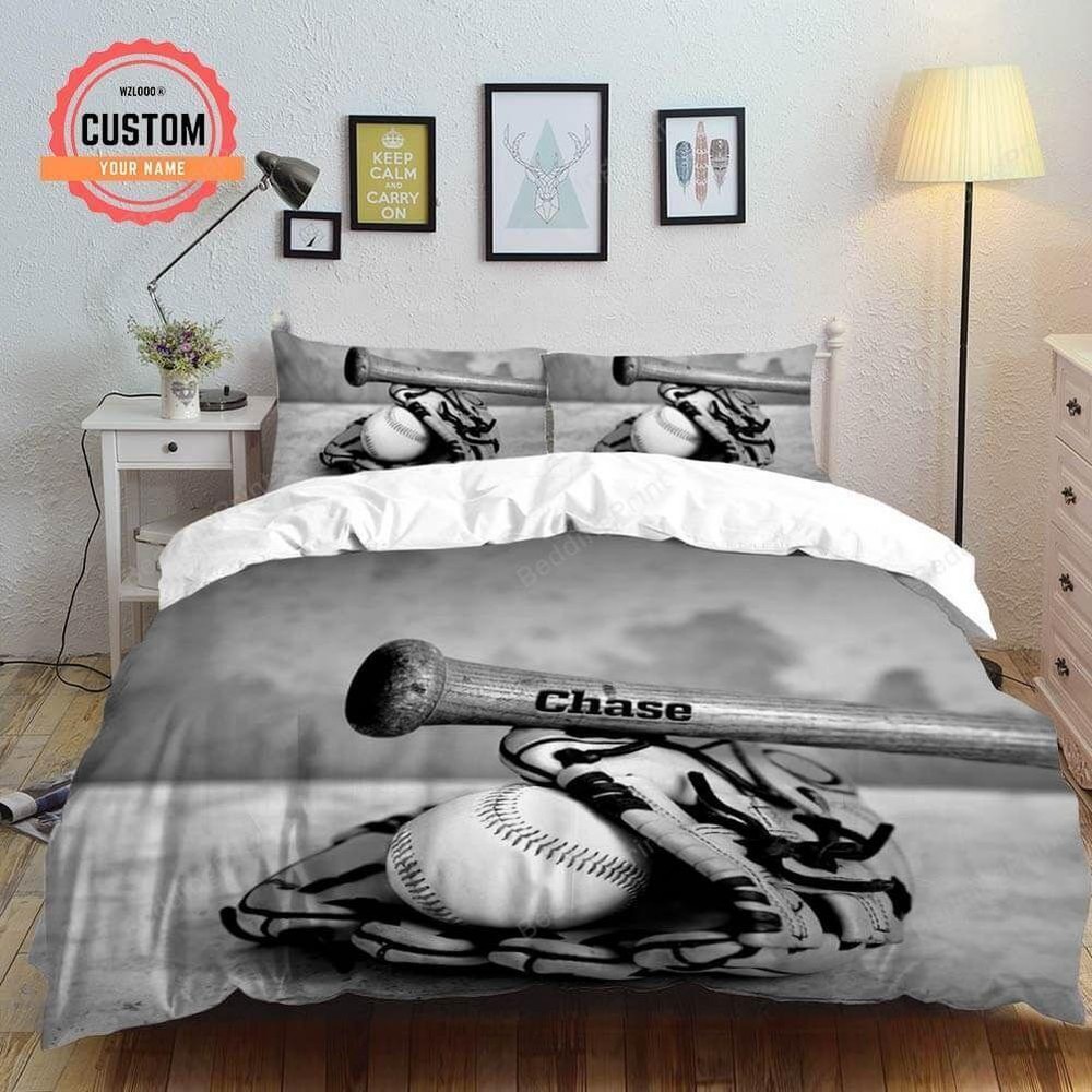 Personalized Baseball Equipment In Gray Perfect Gifts Quilt Duvet Cover Set Kids