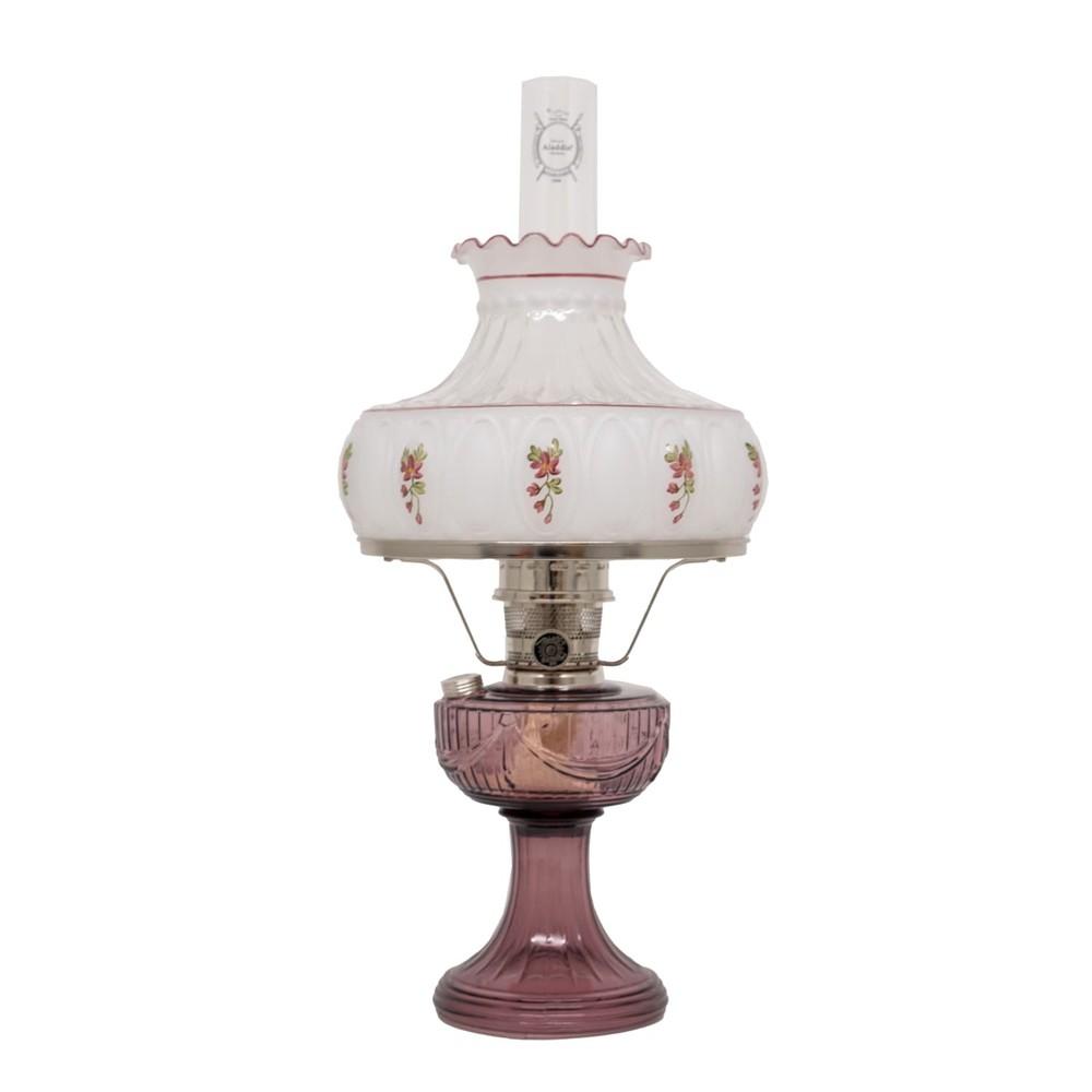 Aladdin Amethyst Lincoln Drape Table Oil Lamp with Rose Shade and Nickel Trim