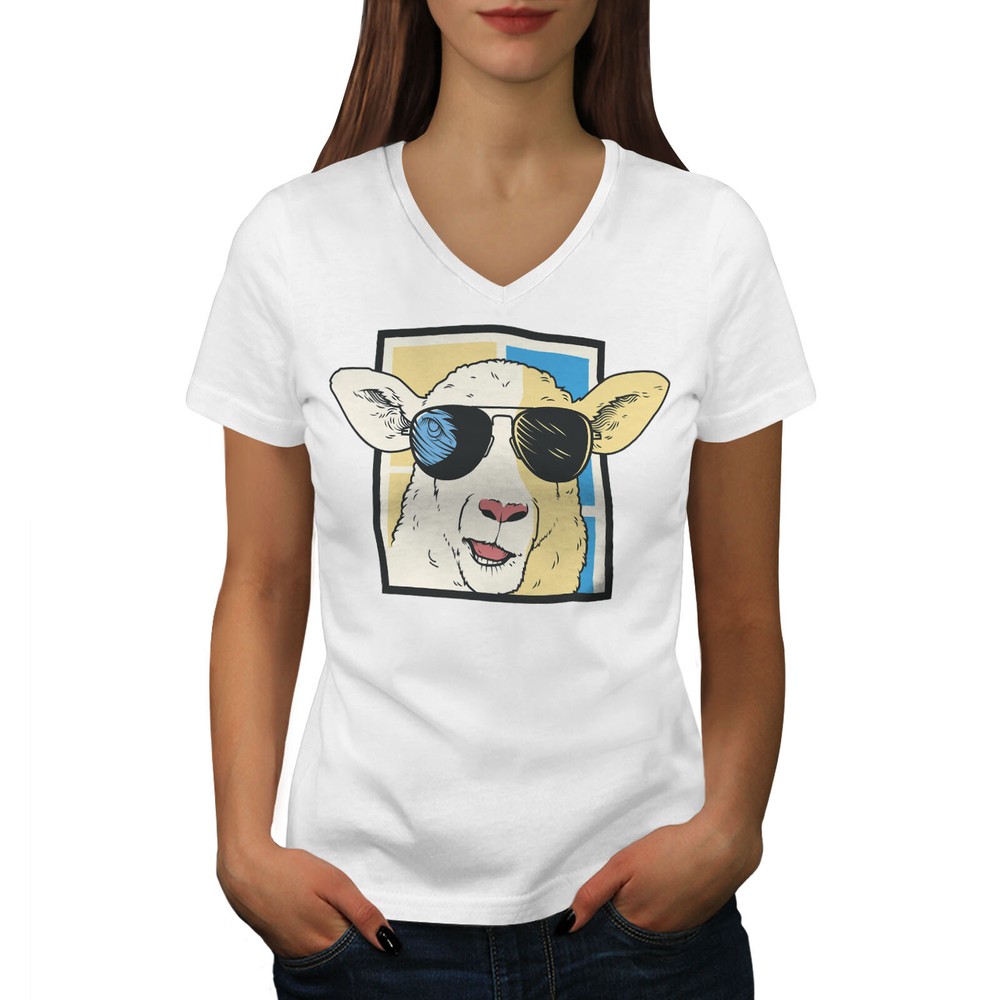 Whimsical Cool Sheep Sunglasses Quirky Farm V-Neck Women's T-Shirt