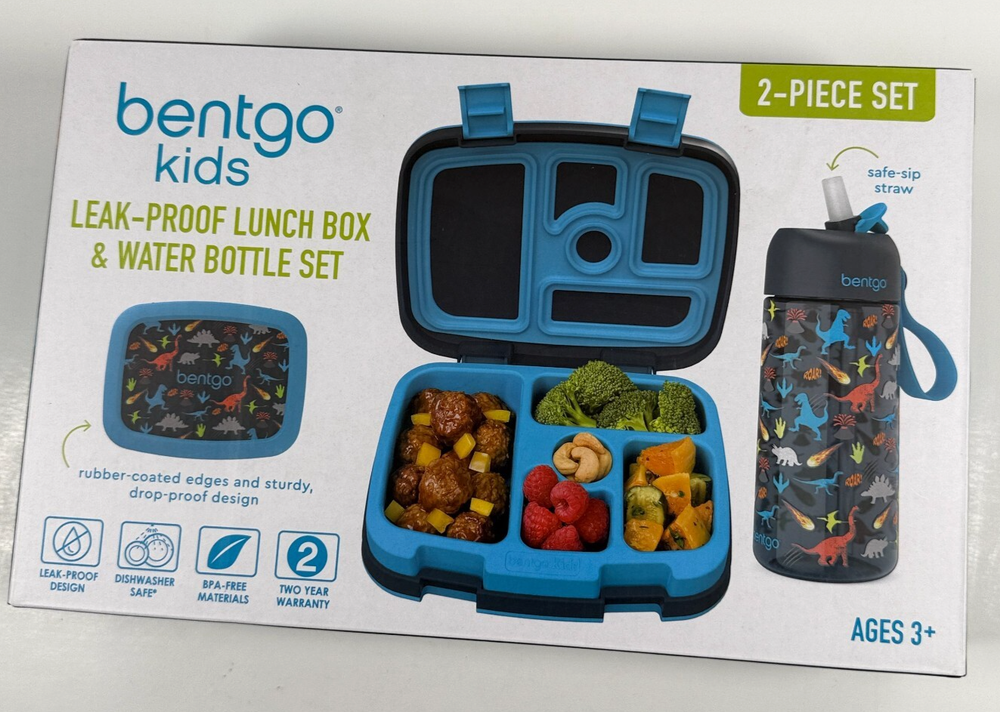 Bentgo Kids Dinosaur Lunch Box with Leak Proof Water Bottle Dishwasher Safe Set