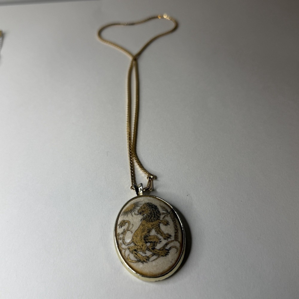 Lion Motif Oval Pendant Necklace, Gold Box Chain, Vintage Metal Amulet
