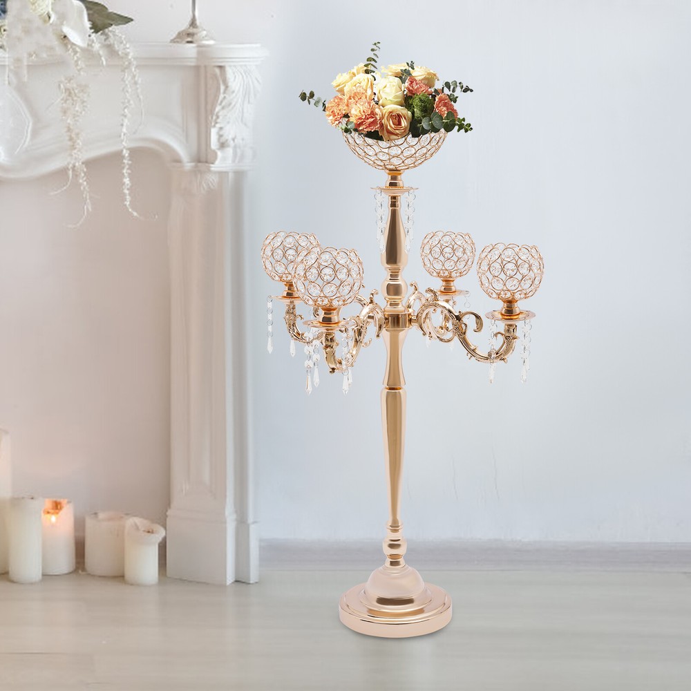 5 Arm Crystal Candelabra Wedding Centerpiece Votive Candle Holder Gold
