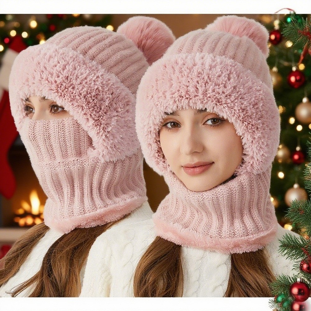 Women Winter Beanie Hats One Piece Fleece Lined Knit Balaclavas Mask Set Warm US
