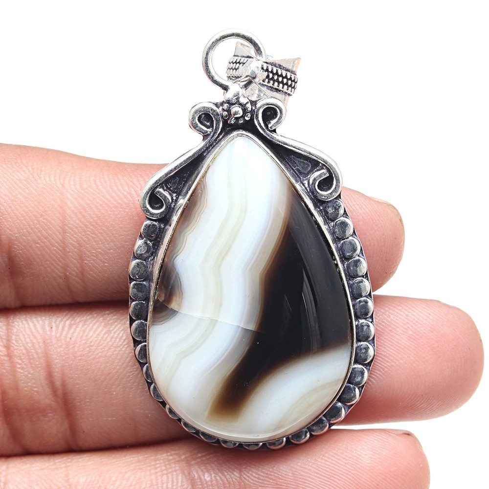 Botswana Agate Pendant in Sterling Silver Valentine Gift 2.75 Inch