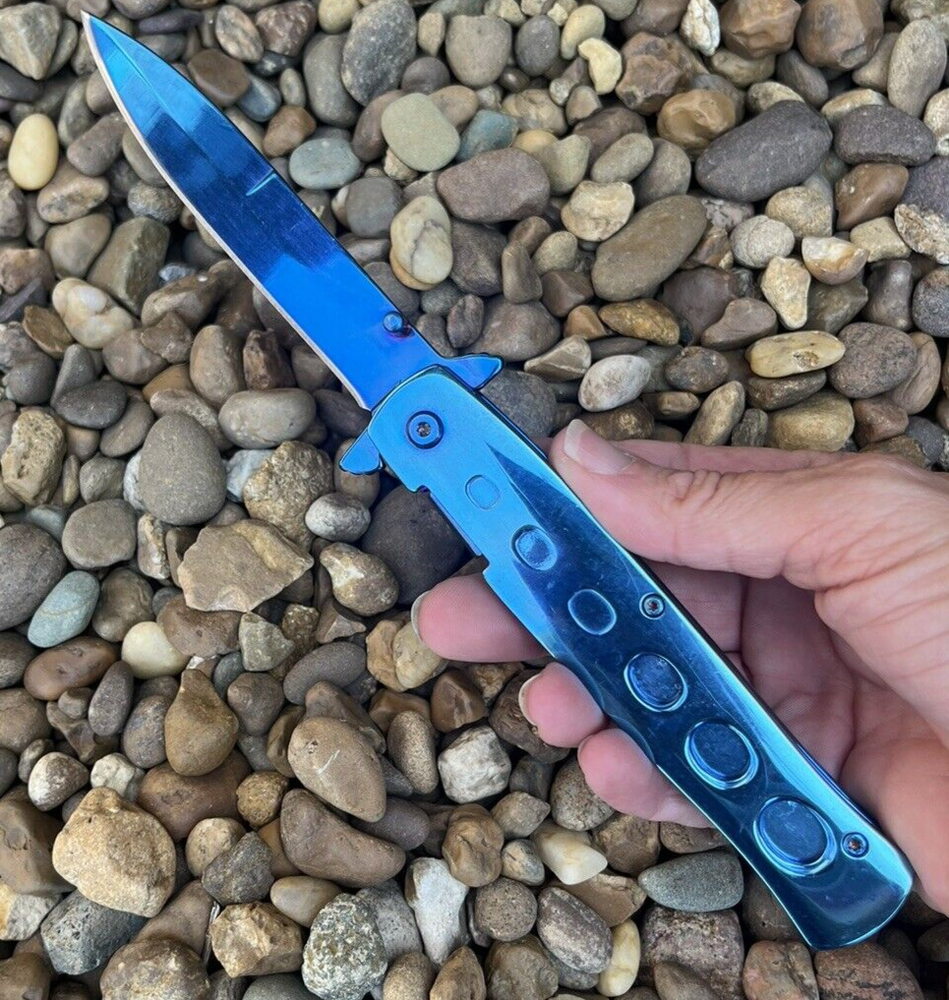 Spring Assisted Open Pocket Knife Tactical EDC Italian Milano Stiletto Blue