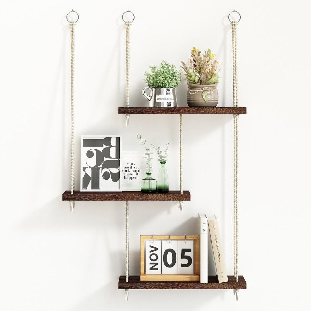 Hanging Shelves for Wall, 3 Tier Boho Wall Decor Hanging Plant Shelf Floating...