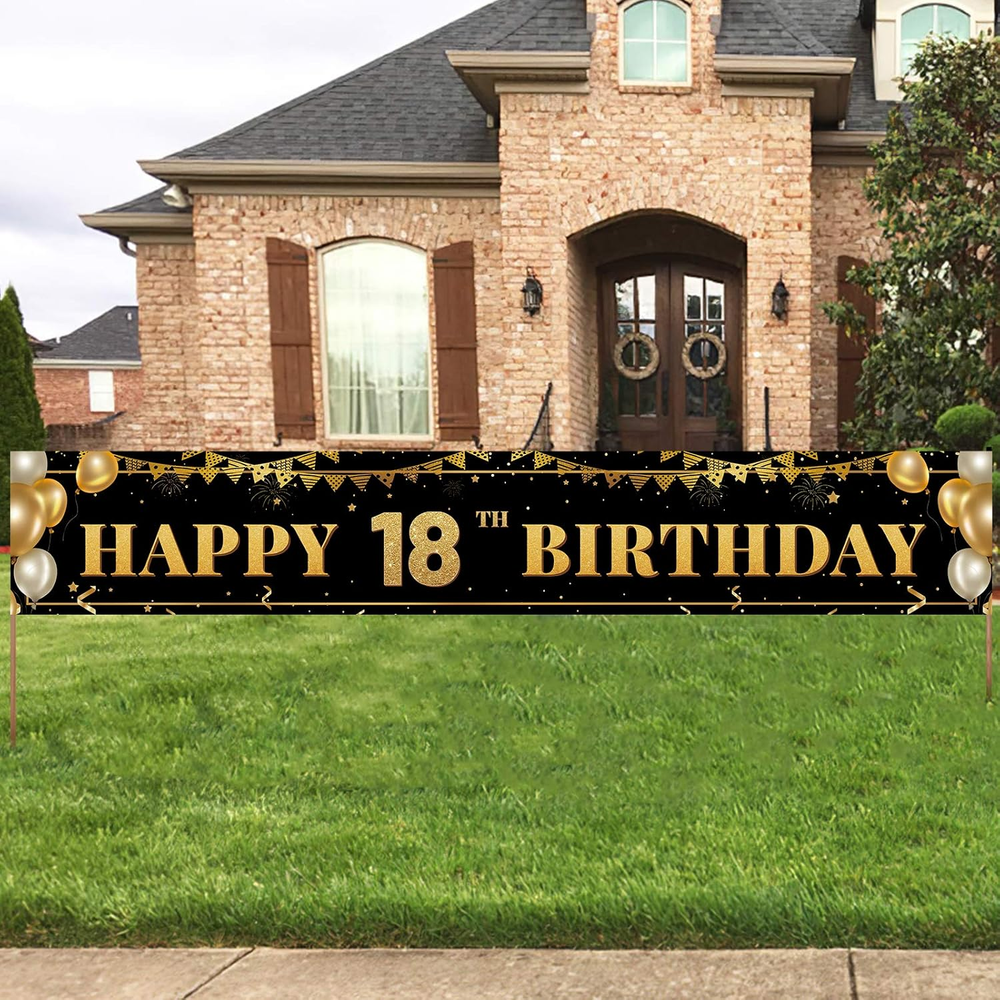 Large Happy 18Th Birthday Decoration Banner, Black and Gold Happy 18Th Birthday