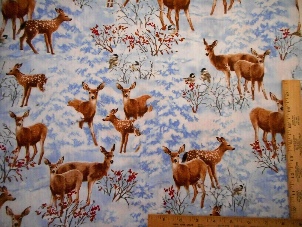 Christmas Fabric By Half-Yard Natures Holiday Deer Fawn in Snow Blue Cotton #28