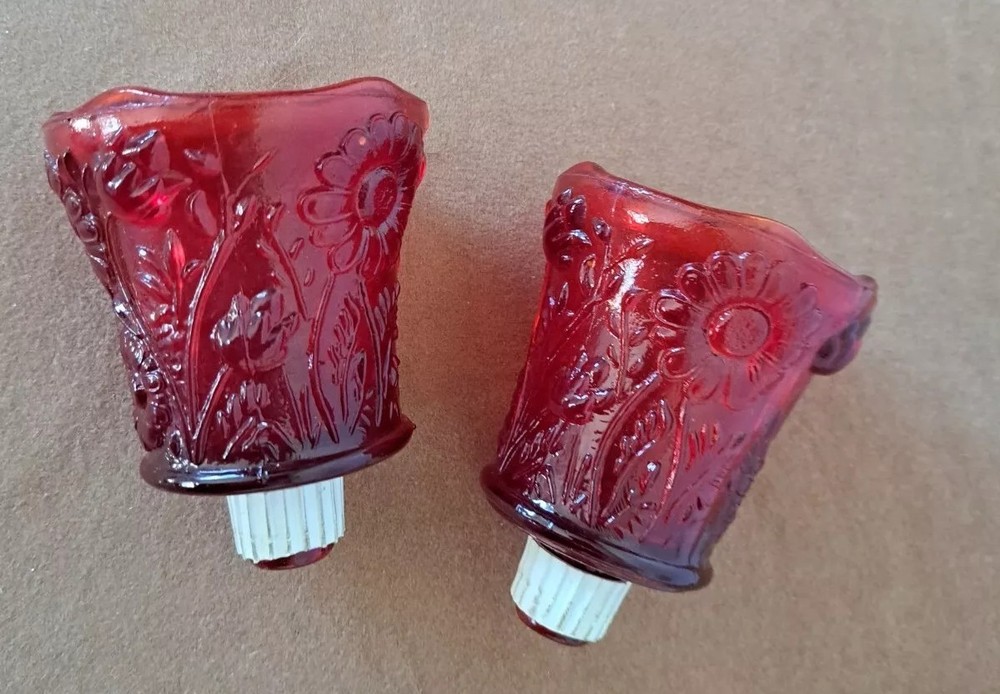 Sunflower Daisy Ruby Red Glass Candle Holders