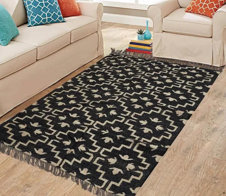 Vintage Indian Wool Jute Kilim Handwoven Rectangle Area Rug