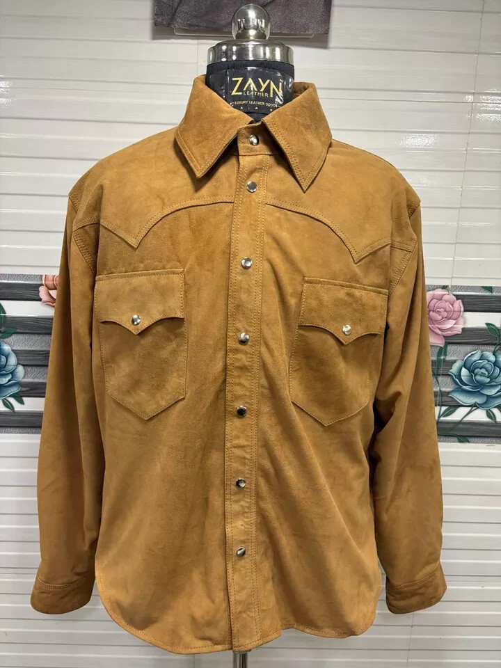 Men's  100% Genuine Suede Beige Full Sleeve Cowboy Style Snap Button Shirt Coat