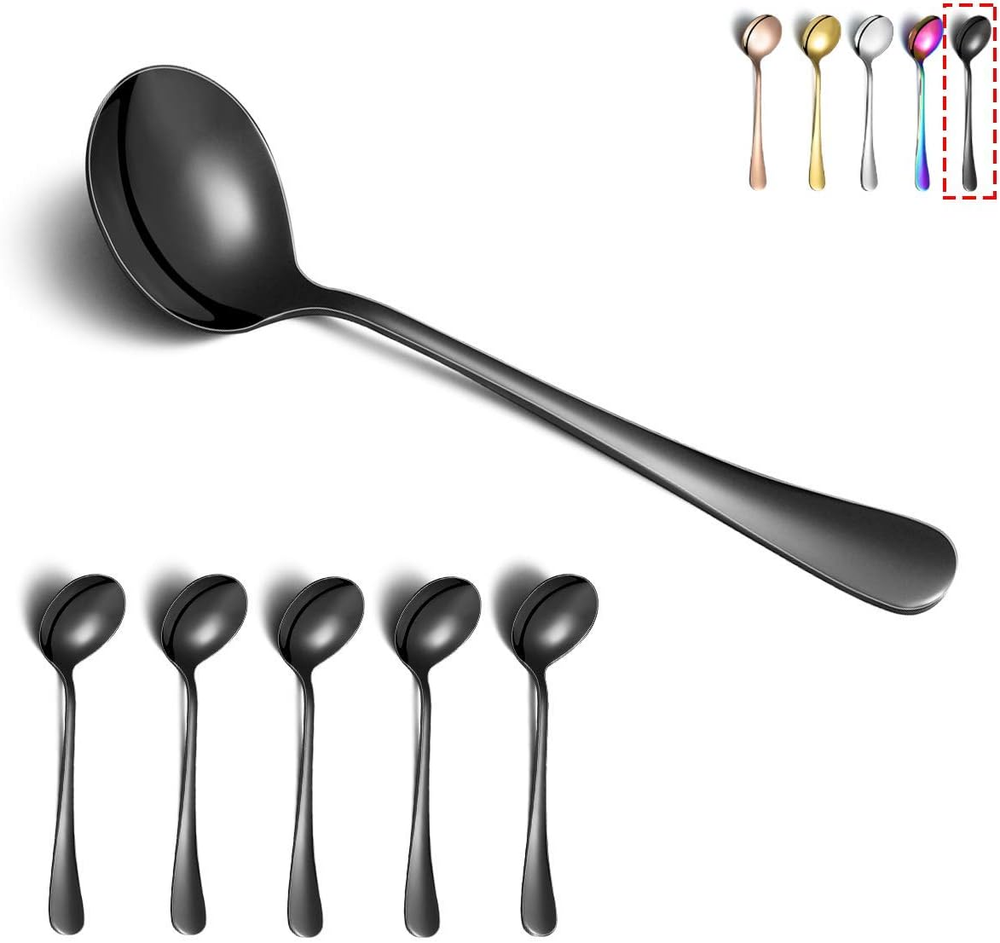 Black Soup Spoons,  6 Pieces Stainless Steel round Spoons with Black Titanium Pl