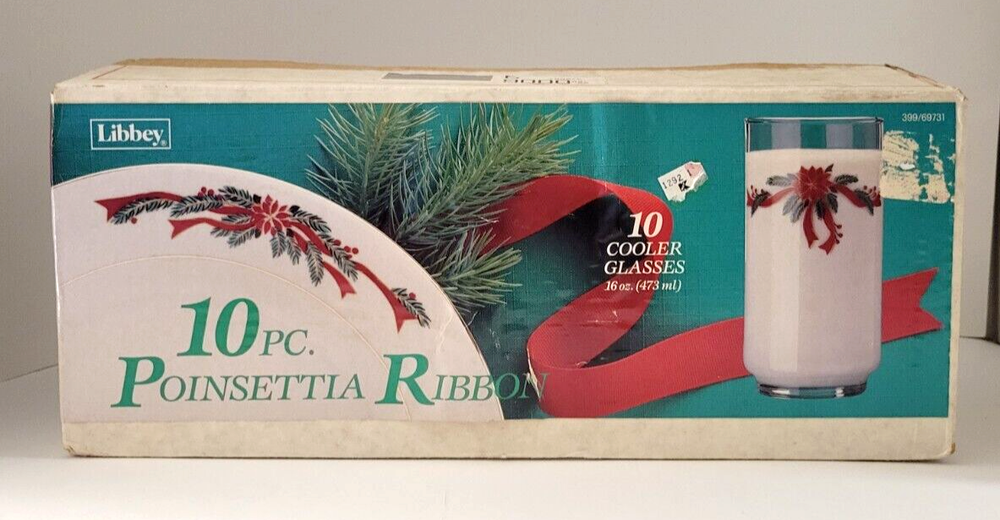 10 Libby Christmas Poinsettia Ribbon Cooler Glasses 16 Oz Mint Condition