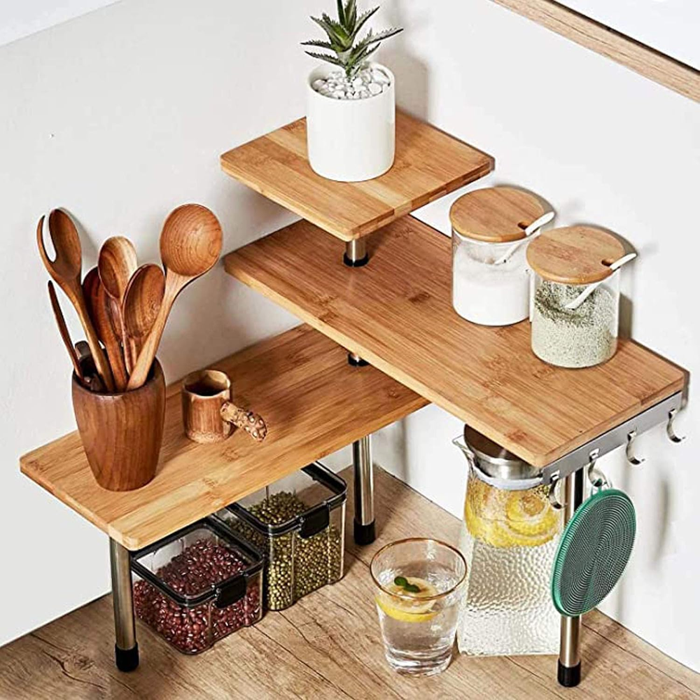 3-Tier Bamboo & Metal Corner Shelf for Spices Books or Office Storage
