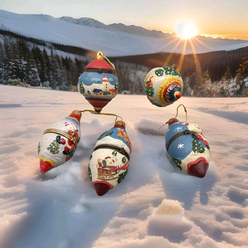 Porcelain Christmas Hinged Trinket Boxes Ornaments Hand Painted Set Of 5