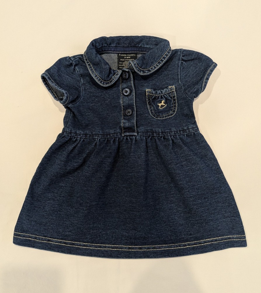 Faded Glory Denim Dress Organic Cotton Short Sleeve Baby Girl 3-6 Months