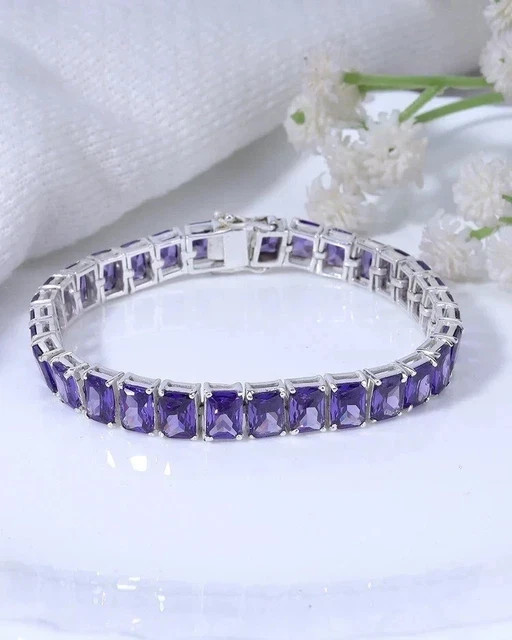 20Ctw Lab-Created Emerald Cut Amethyst Tennis Women's Bracelet 14K Gold Plated