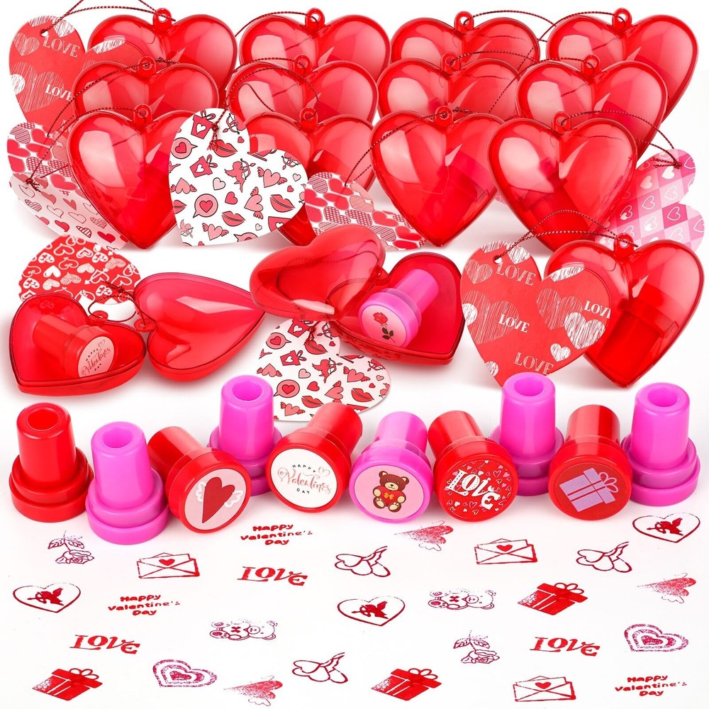 48 Sets Valentines Day Stampers Set Filled Hearts Box Case and Valentine's Da...