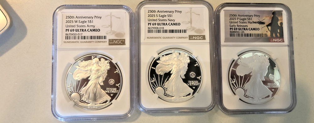 3x 2025 P W S Proof $1 Silver Eagle, MARINE Corps, NAVY, ARMY Privy NGC PF69 UC