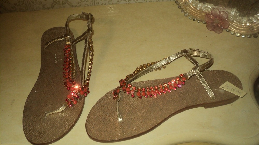 Italian Eddy Daniele Leather Sandals with Gold Swarovski Orange Crystals Size 37 6.5 4