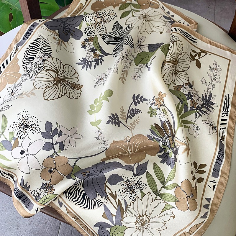 100% Silk Scarf Beige Floral Wrap for Women Head Neck Hair 53cm
