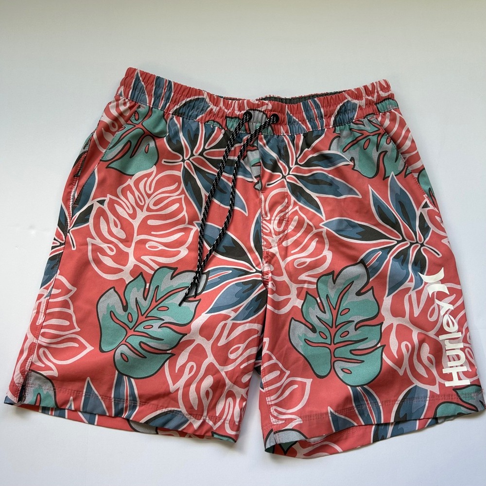 Hurley Men's Tropical Monstera Leaf Swim Trunks Coral Pink Liner Med 7.5 Inseam