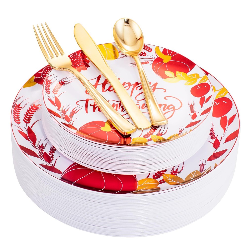 125-Piece Gold Thanksgiving Dinnerware Set with Plastic Silverware & Thankful Accents