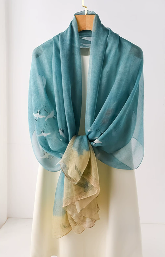 100% Mulberry Silk Crane Print Scarf Wrap 178x110cm Bandanna Shawl