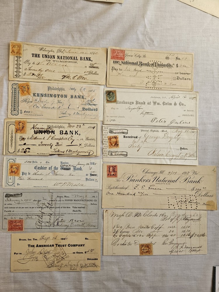 Bank Checks Receipts 1864 1906 W Federal Revenue Stamps Collection BoB