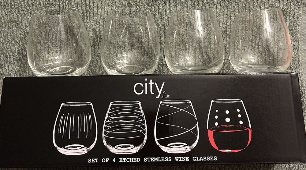 City Chic Set of 4 Etched Stemless Wine Glasses - Unique Patterns