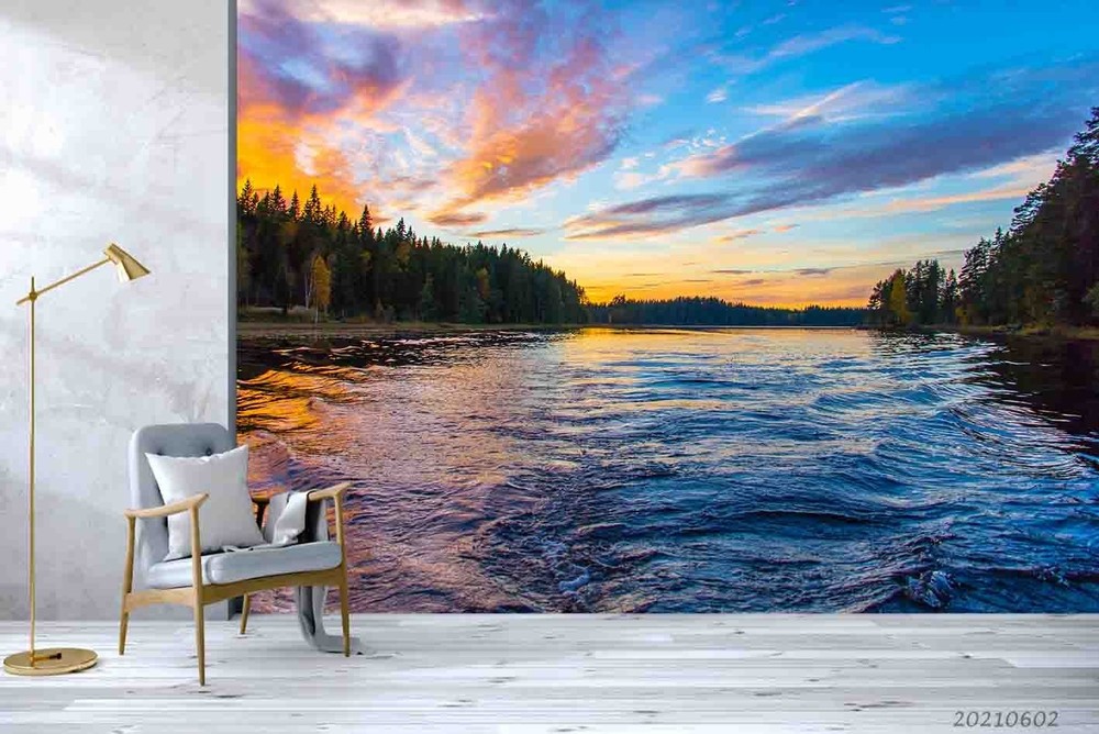 3D Sky Forest River Sunset Landscape Wall Murals Wallpaper Murals Wall Sticker