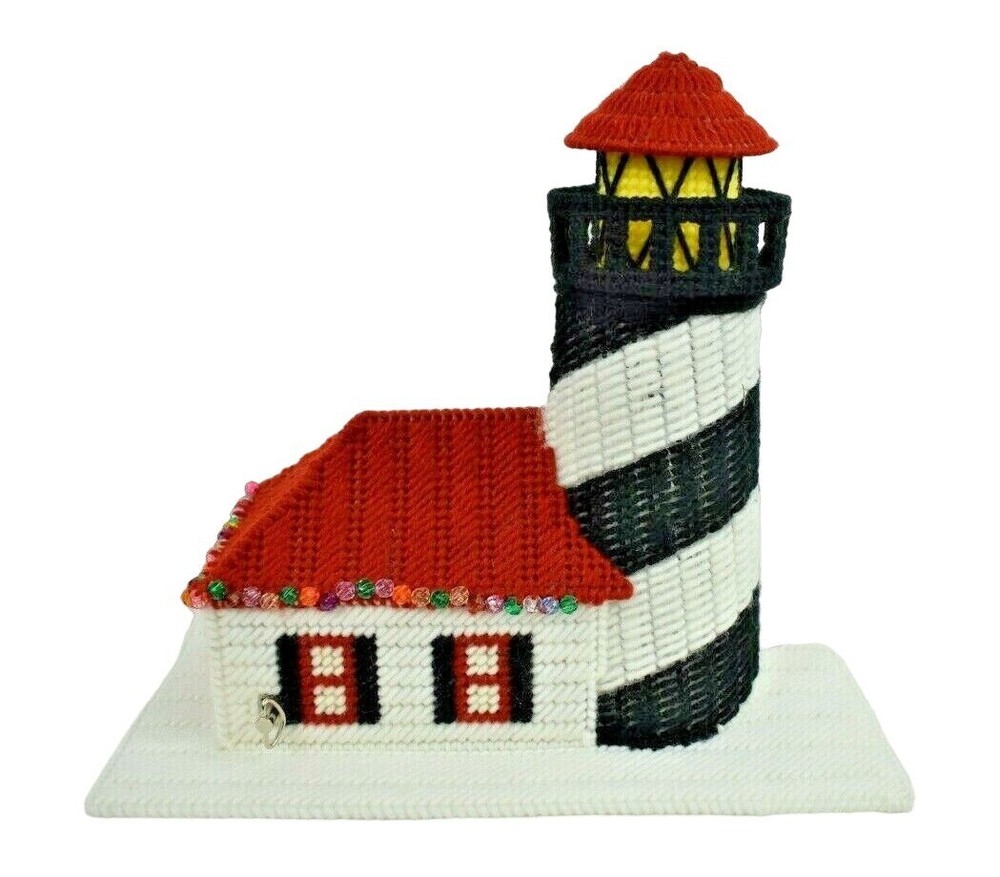 Seasonal Lighthouse Music Box Vintage Handmade Plastic Canvas 11x10 inches-image