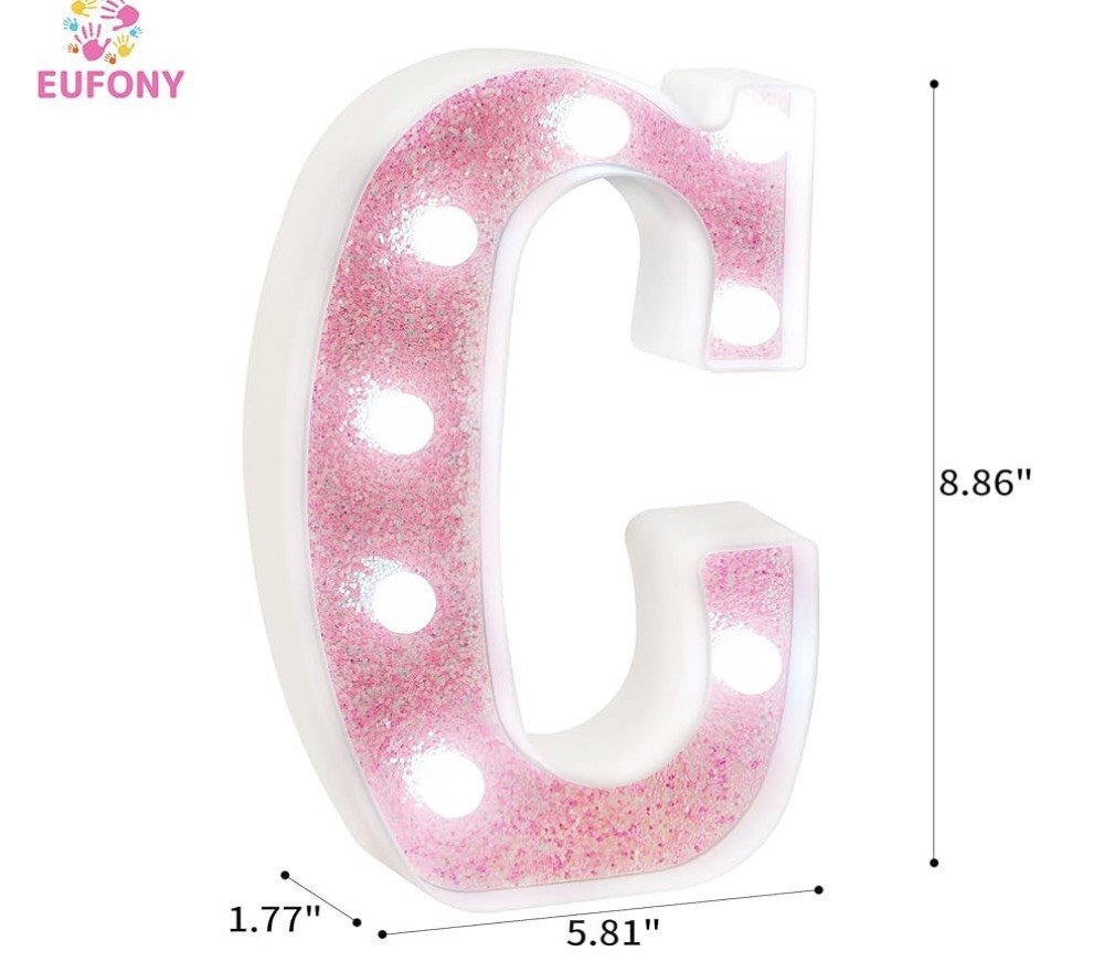 LED Marquee Letter Lights, Pink Glitter Alphabet Sign Letter C White